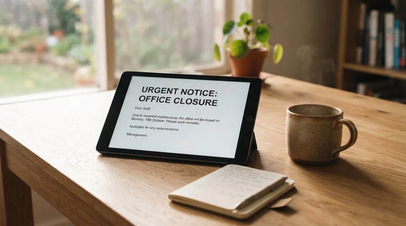A tablet screen displaying an official regulator warning notice on a desk beside a coffee cup.