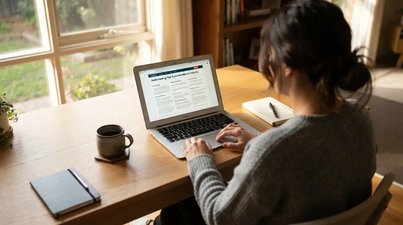 A person at a laptop reading a plain-language explainer article at a home desk.