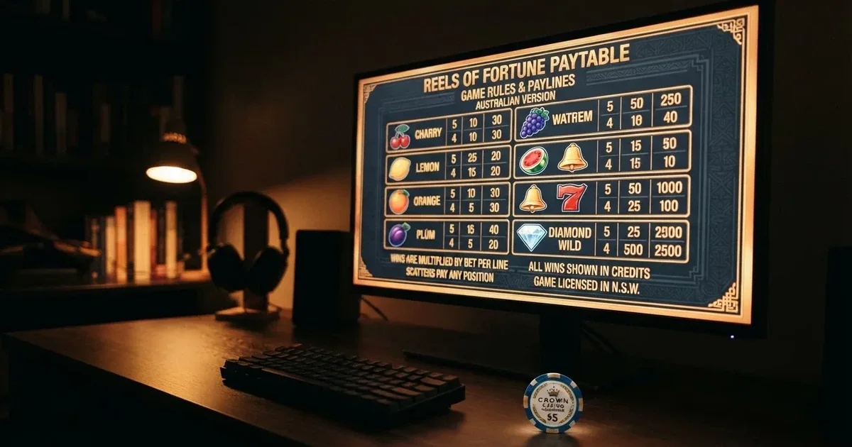 A slot machine's paytable screen glowing on a monitor in a dim room.