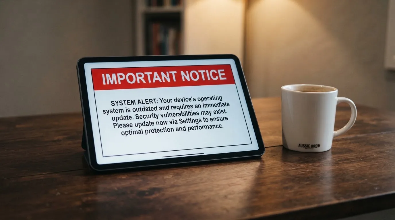 A tablet screen displaying an official regulator warning notice on a desk beside a coffee cup.