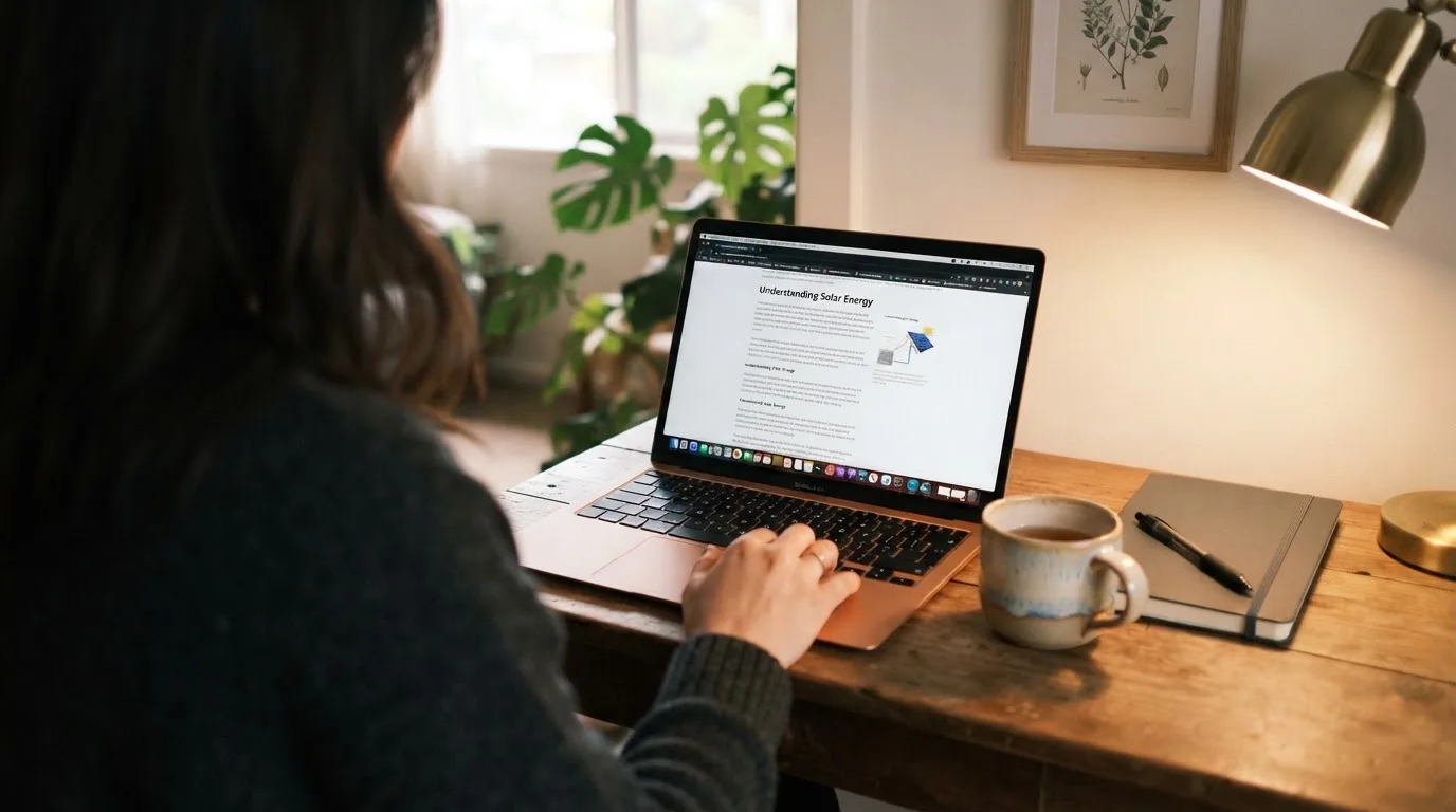 A person at a laptop reading a plain-language explainer article at a home desk.