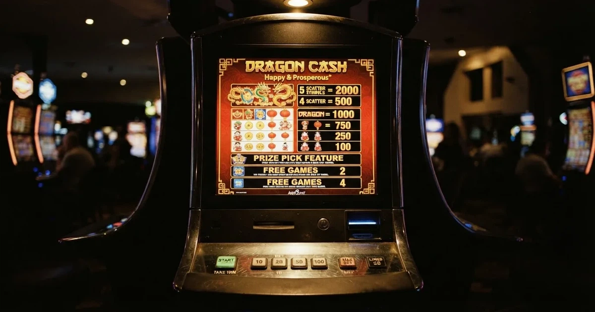 A slot machine's paytable screen glowing on a monitor in a dim room.
