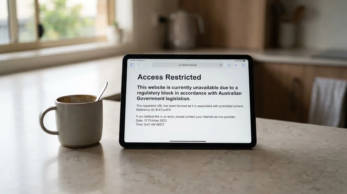 A tablet screen displaying an official regulator warning notice on a desk beside a coffee cup.