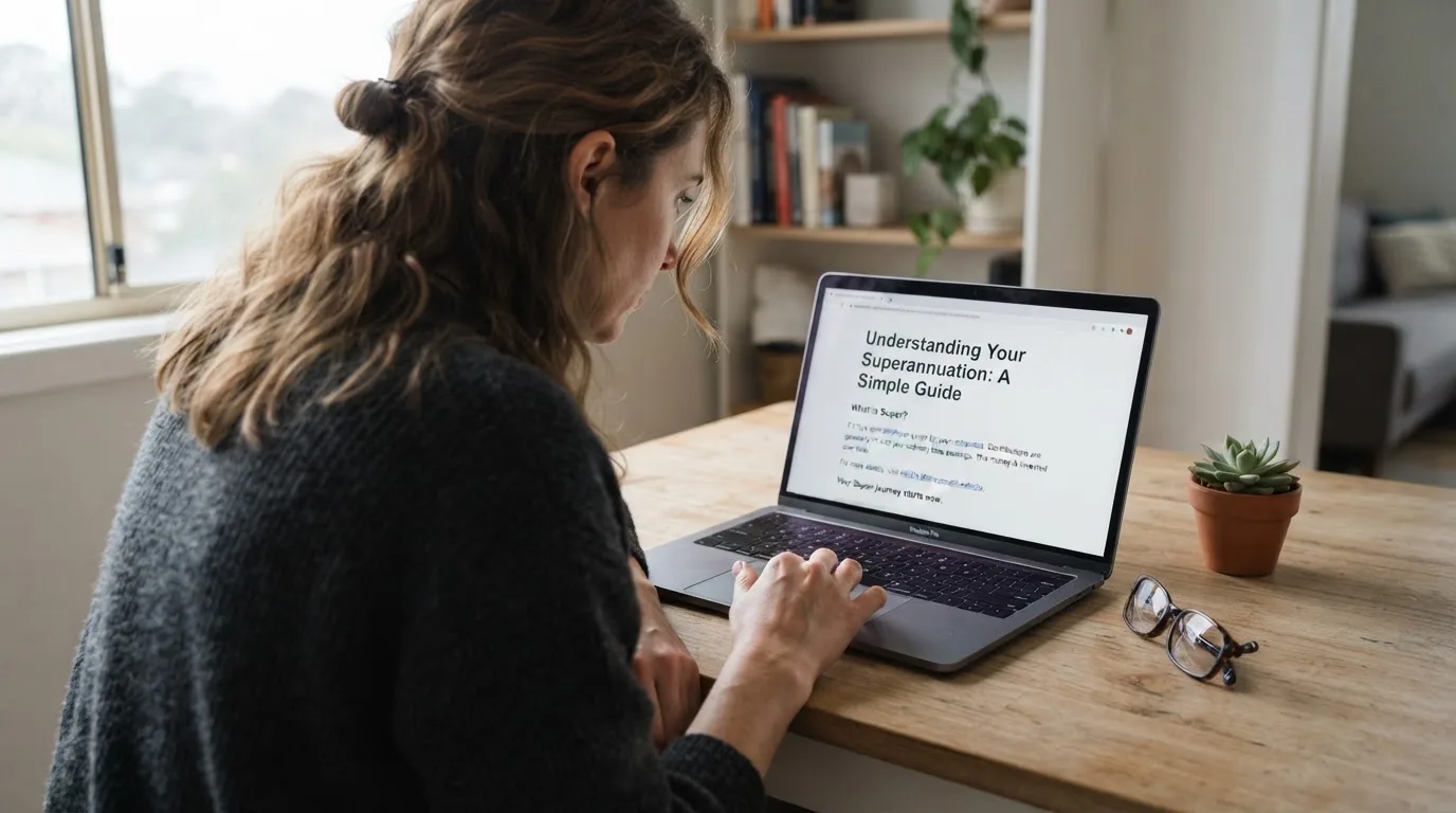 A person at a laptop reading a plain-language explainer article at a home desk.