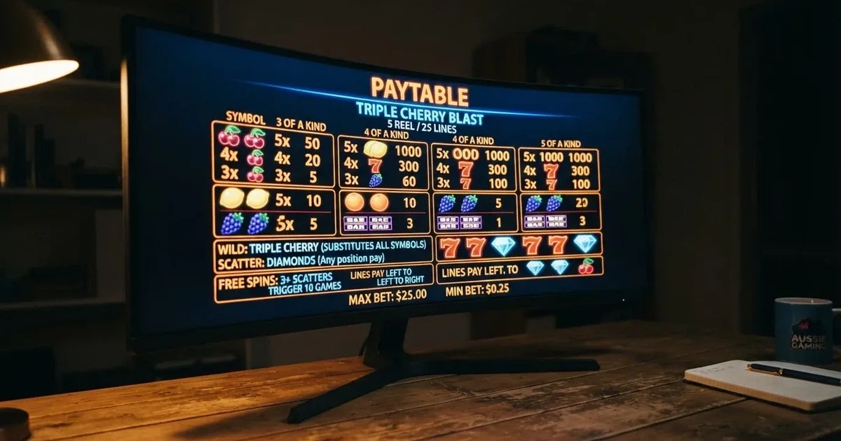 A slot machine's paytable screen glowing on a monitor in a dim room.