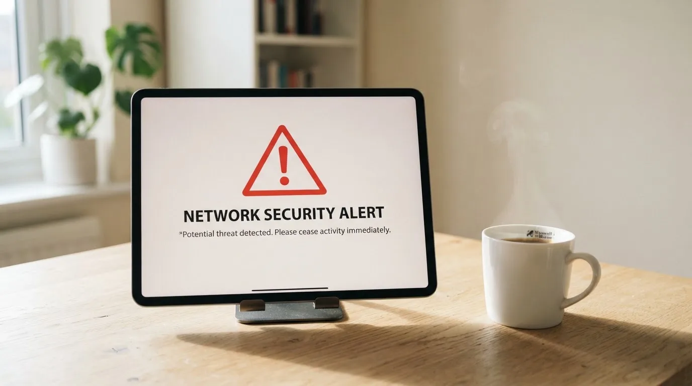 A tablet screen displaying an official regulator warning notice on a desk beside a coffee cup.