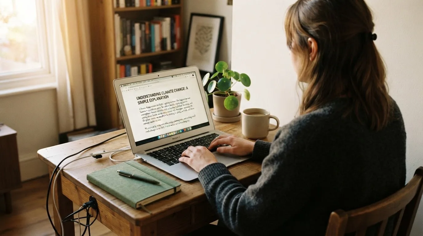 A person at a laptop reading a plain-language explainer article at a home desk.