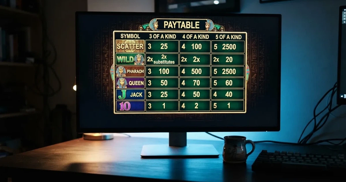 A slot machine's paytable screen glowing on a monitor in a dim room.