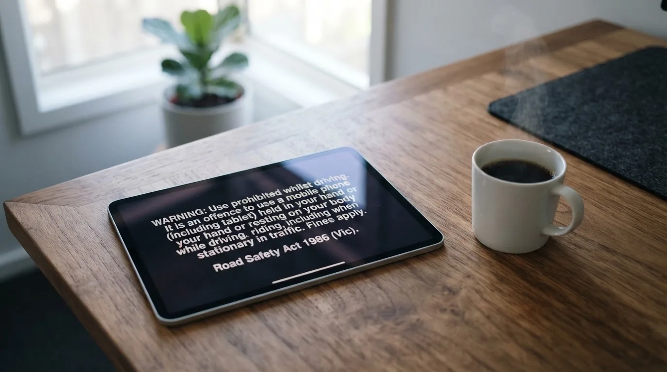 A tablet screen displaying an official regulator warning notice on a desk beside a coffee cup.