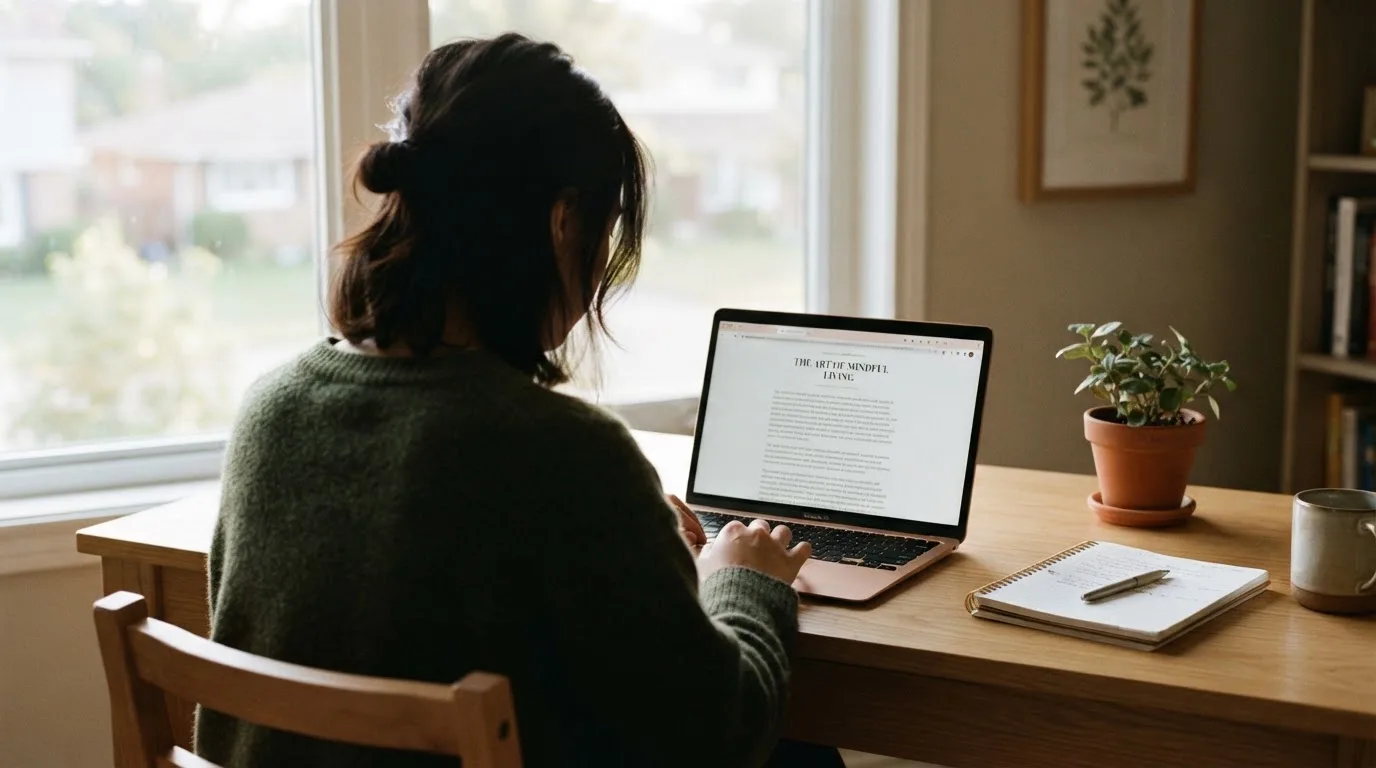 A person at a laptop reading a plain-language explainer article at a home desk.