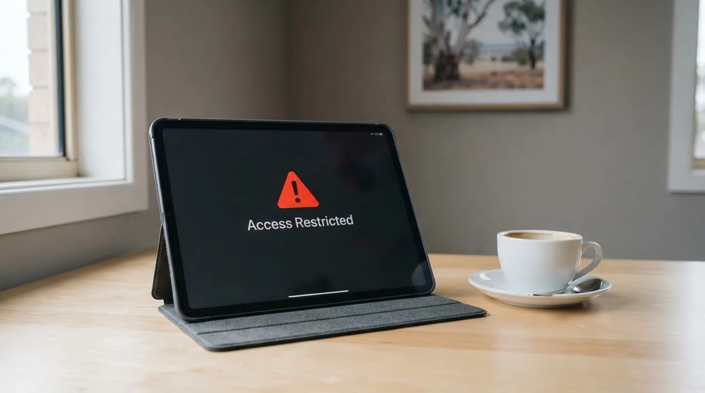 A tablet screen displaying an official regulator warning notice on a desk beside a coffee cup.