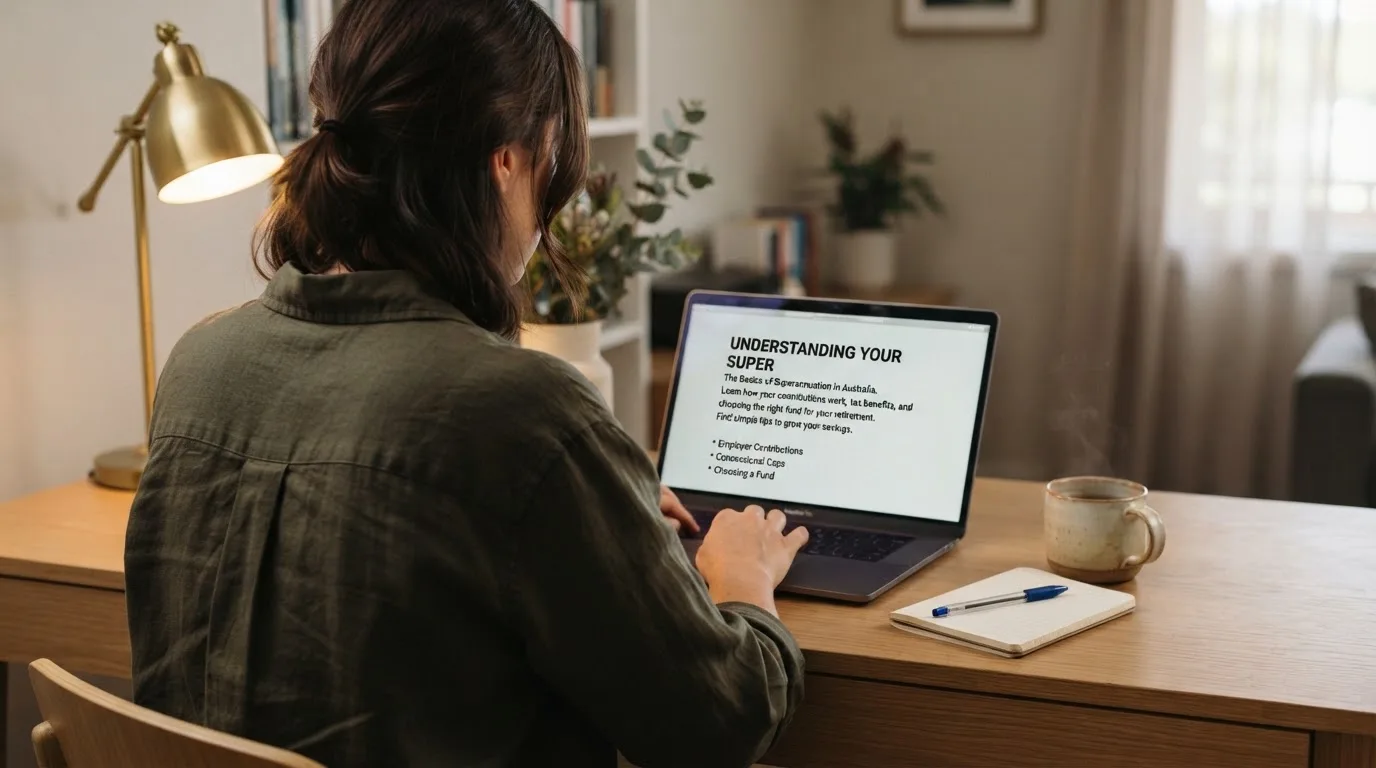 A person at a laptop reading a plain-language explainer article at a home desk.