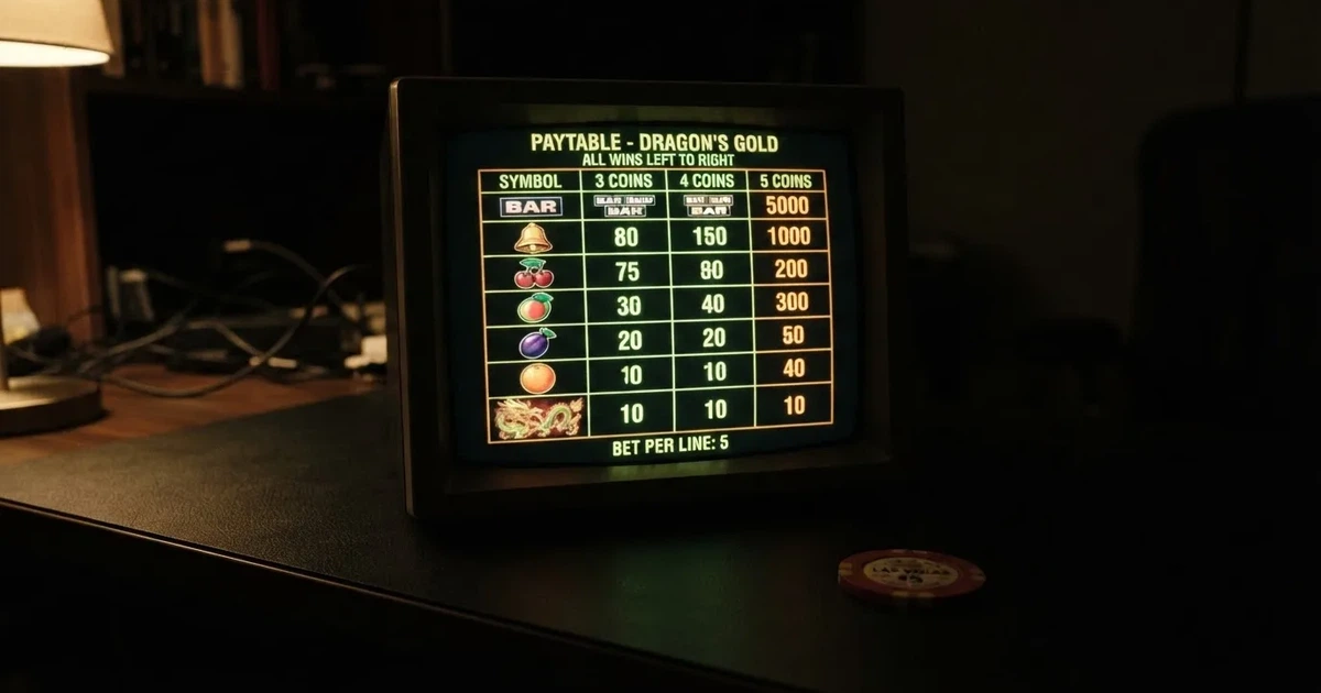 A slot machine's paytable screen glowing on a monitor in a dim room.