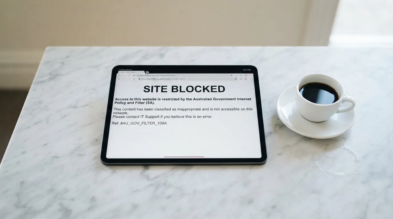 A tablet screen displaying an official regulator warning notice on a desk beside a coffee cup.