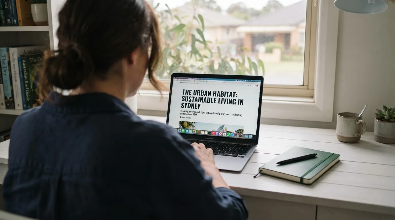 A person at a laptop reading a plain-language explainer article at a home desk.