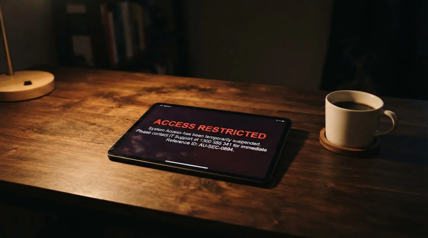 A tablet screen displaying an official regulator warning notice on a desk beside a coffee cup.