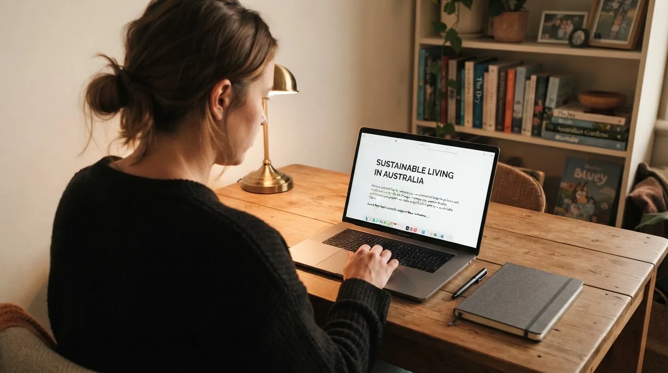 A person at a laptop reading a plain-language explainer article at a home desk.