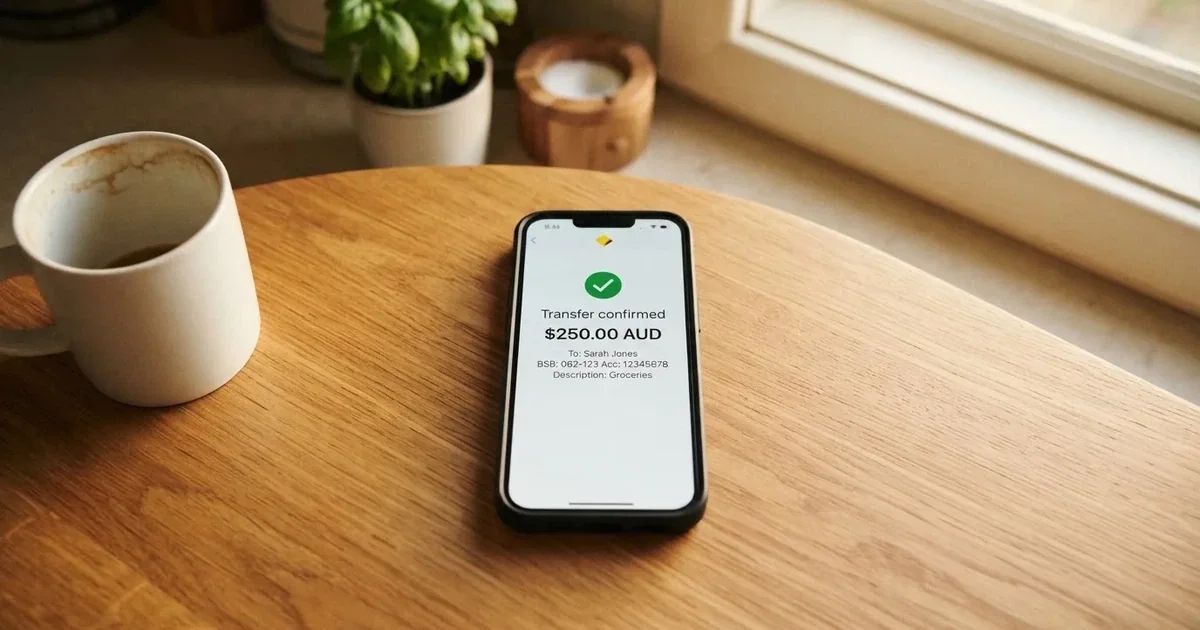 A close-up of a banking app on a smartphone showing a same-day transfer confirmation on a kitchen table.