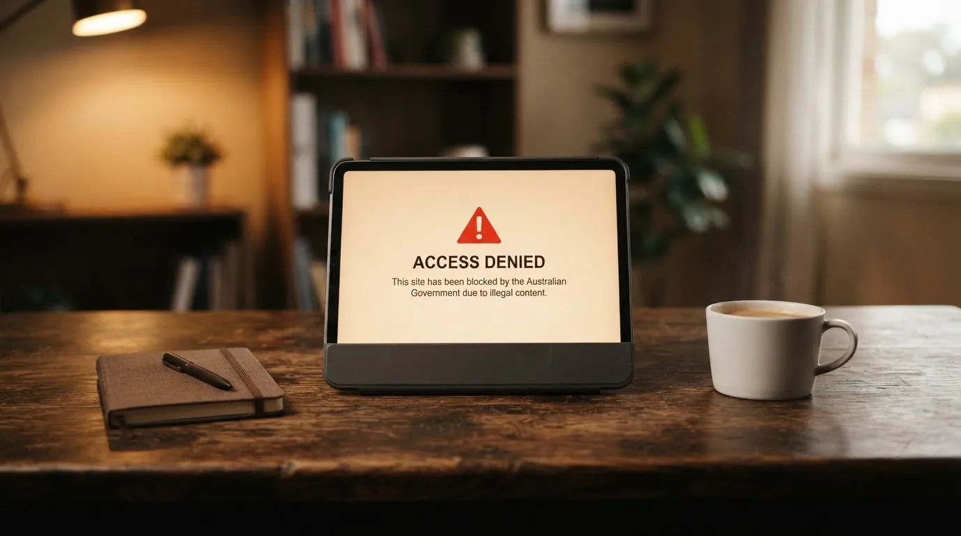 A tablet screen displaying an official regulator warning notice on a desk beside a coffee cup.
