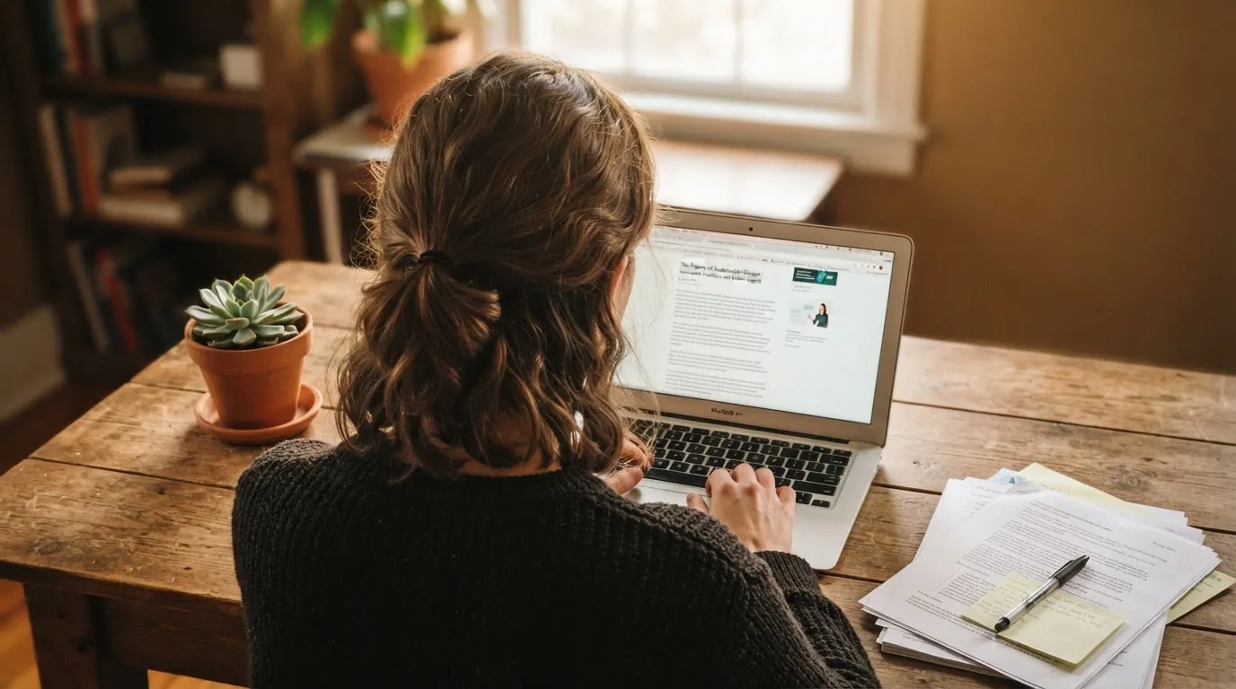 A person at a laptop reading a plain-language explainer article at a home desk.