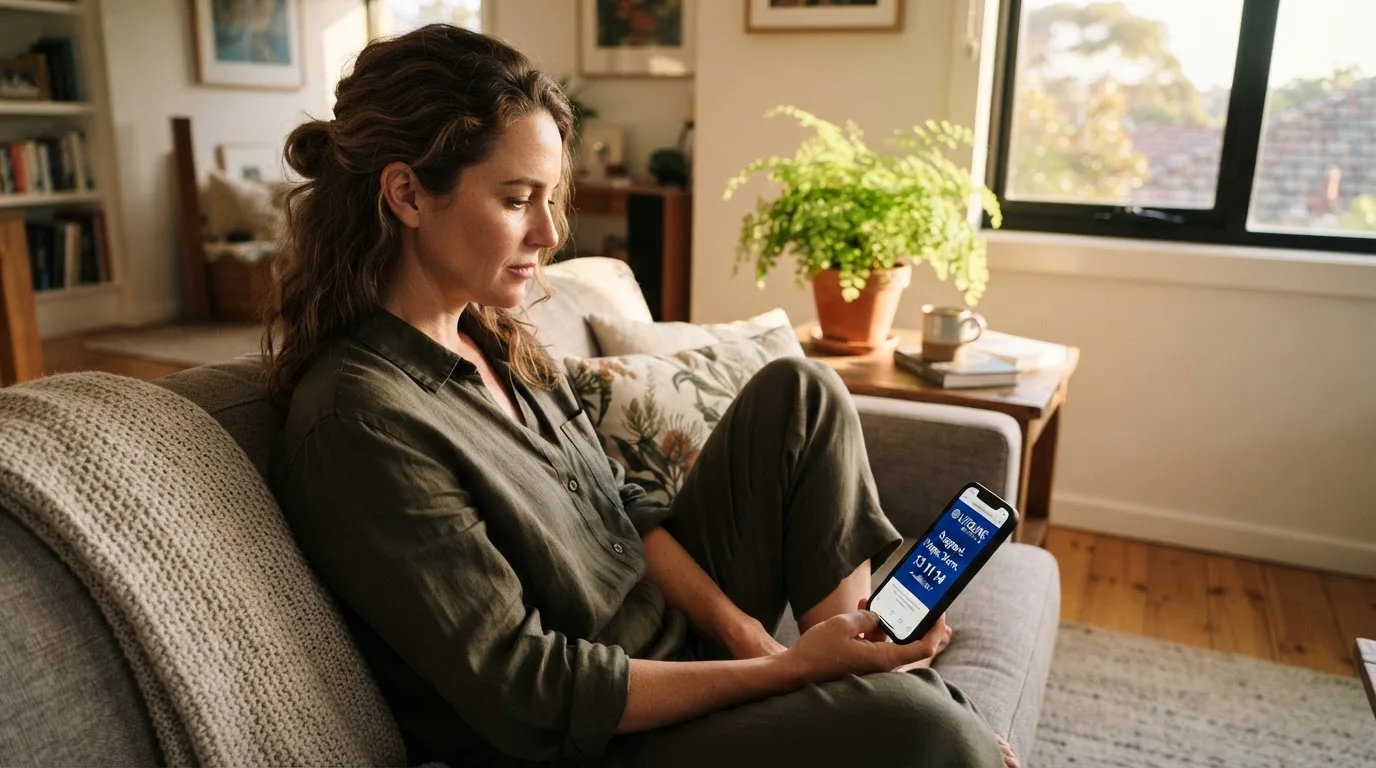 A person looking at a support helpline page on a phone while sitting on a couch.