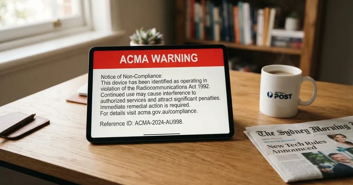 A tablet screen displaying an official regulator warning notice on a desk beside a coffee cup.