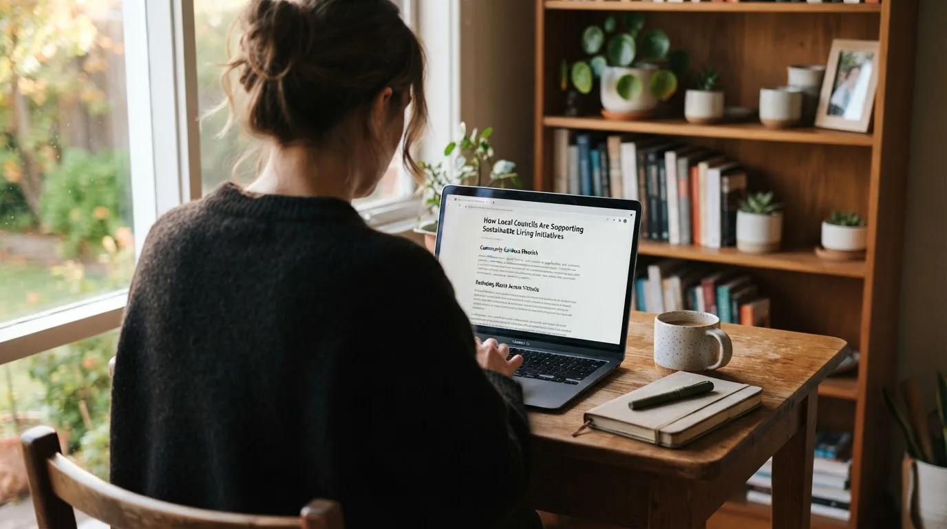 A person at a laptop reading a plain-language explainer article at a home desk.