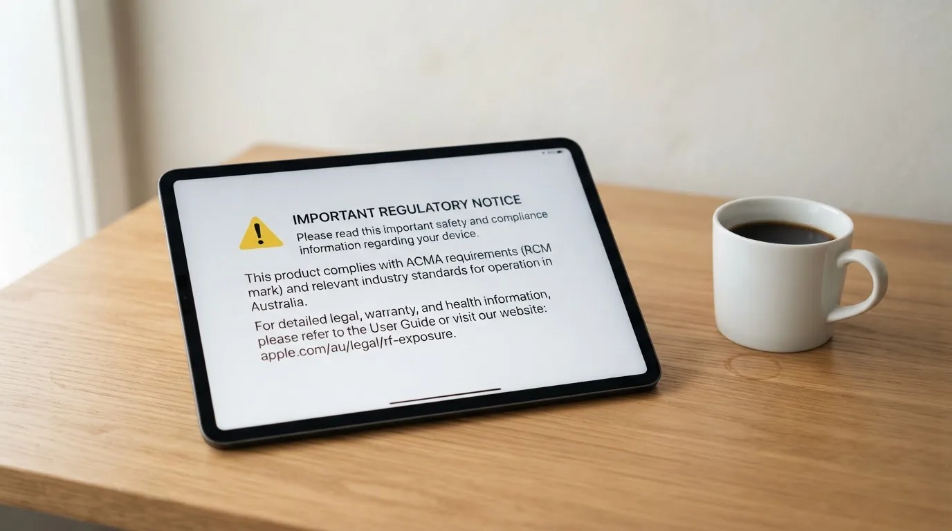 A tablet screen displaying an official regulator warning notice on a desk beside a coffee cup.