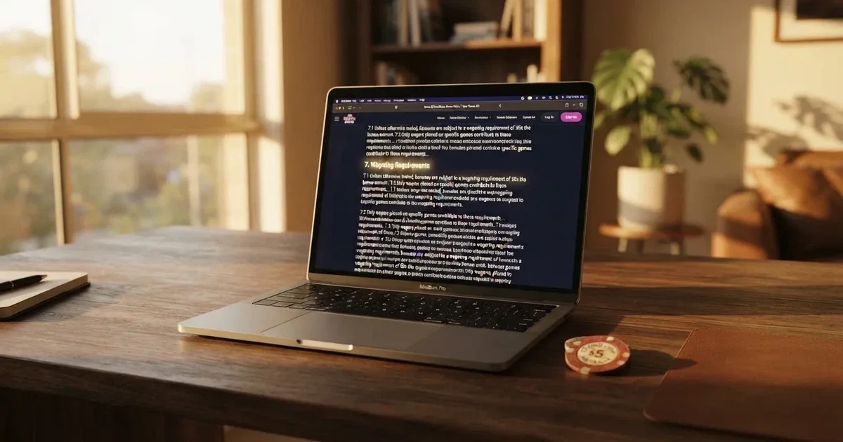 A laptop screen showing a terms-and-conditions page with wagering requirements highlighted.