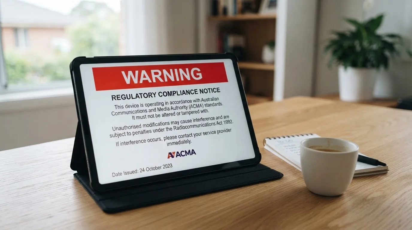 A tablet screen displaying an official regulator warning notice on a desk beside a coffee cup.
