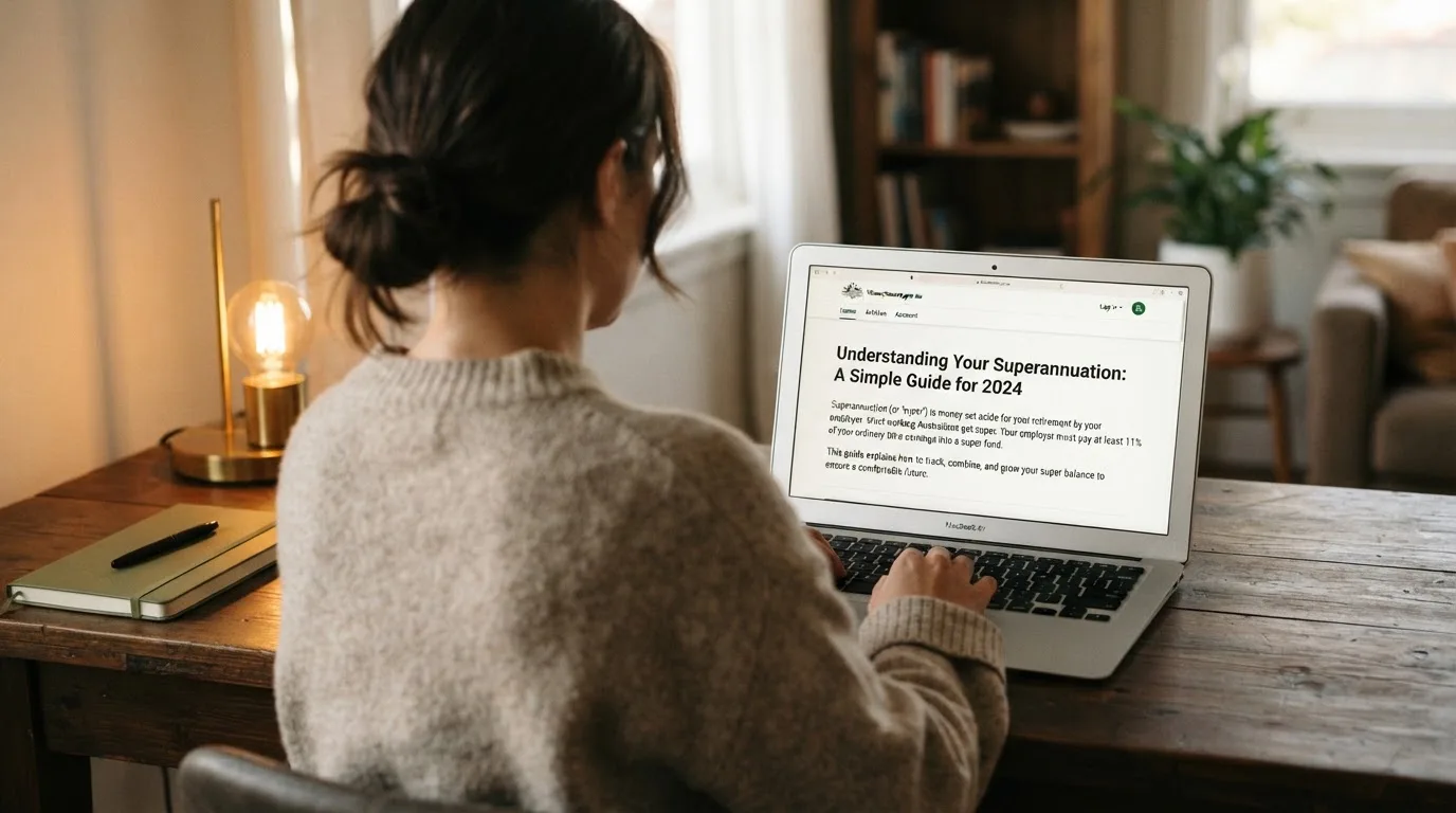 A person at a laptop reading a plain-language explainer article at a home desk.