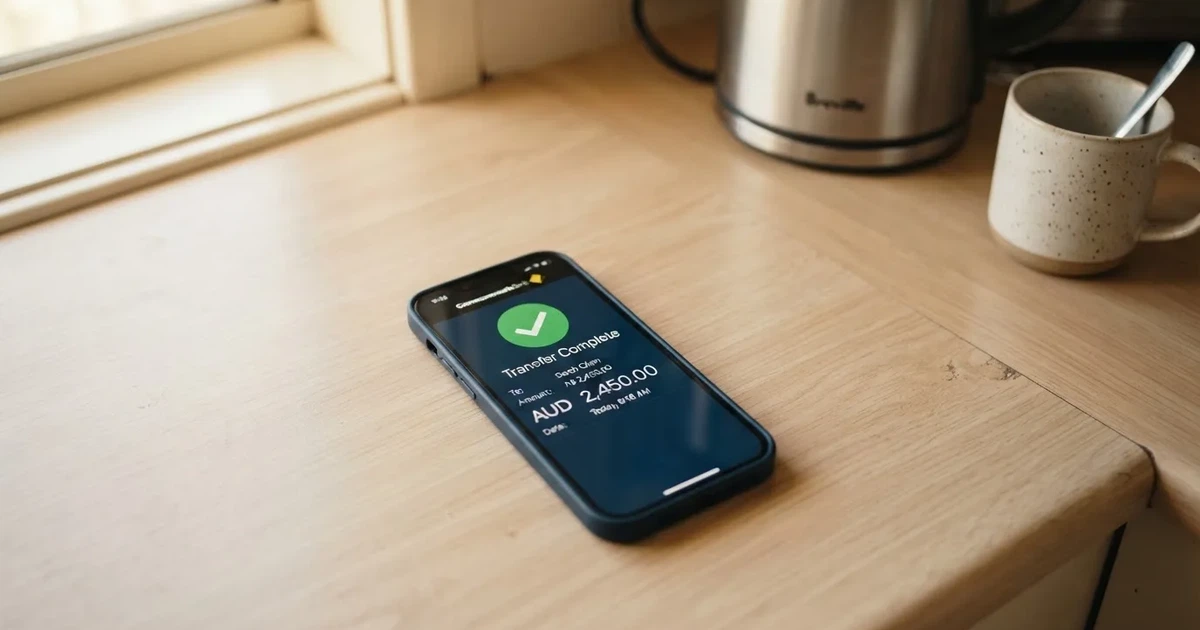 A close-up of a banking app on a smartphone showing a same-day transfer confirmation on a kitchen table.
