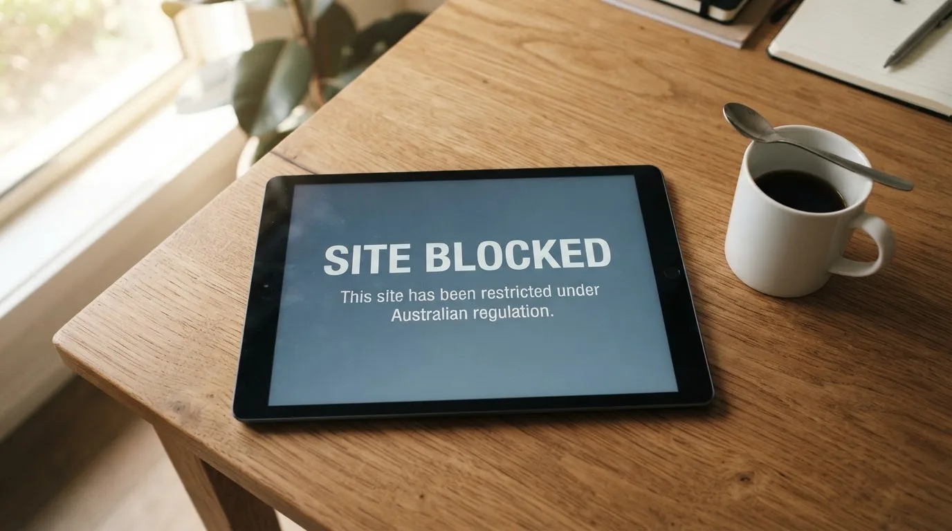 A tablet screen displaying an official regulator warning notice on a desk beside a coffee cup.