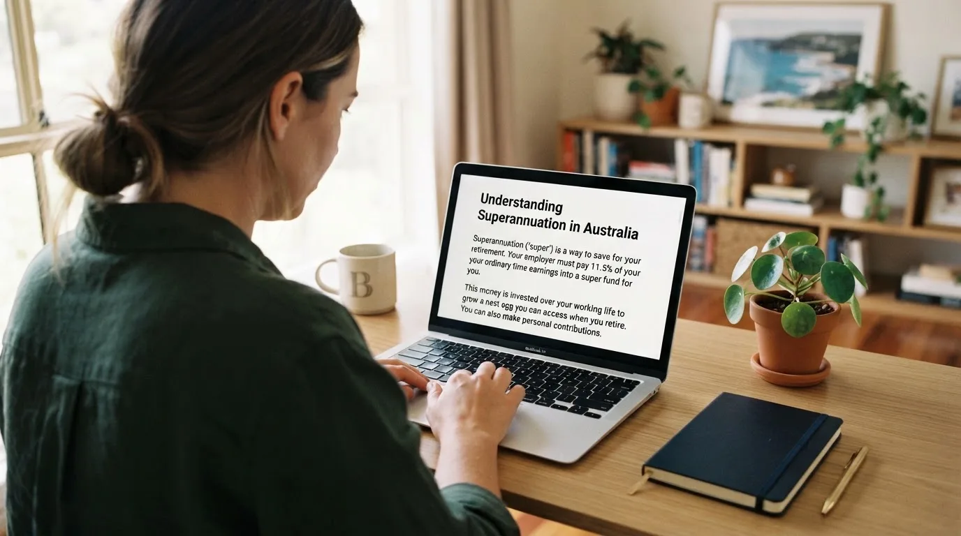 A person at a laptop reading a plain-language explainer article at a home desk.