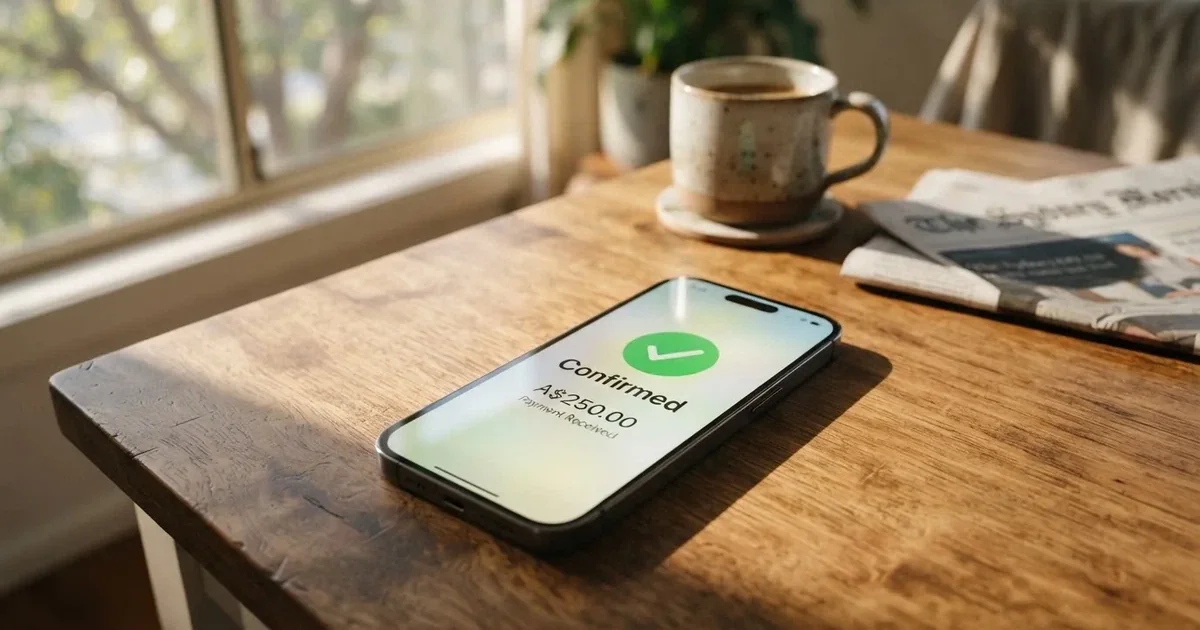 A close-up of a banking app on a smartphone showing a same-day transfer confirmation on a kitchen table.
