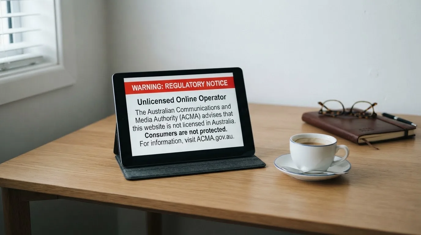 A tablet screen displaying an official regulator warning notice on a desk beside a coffee cup.