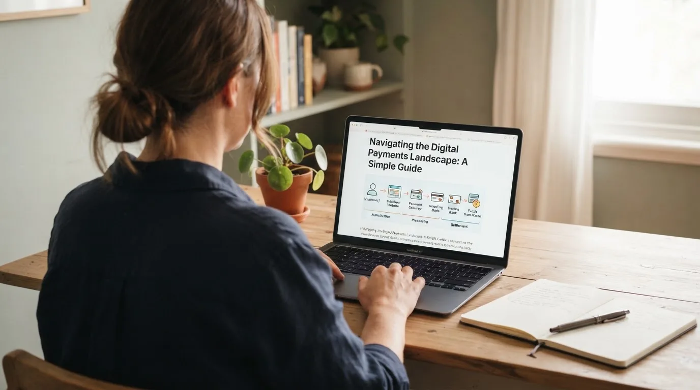A person at a laptop reading a plain-language explainer article at a home desk.