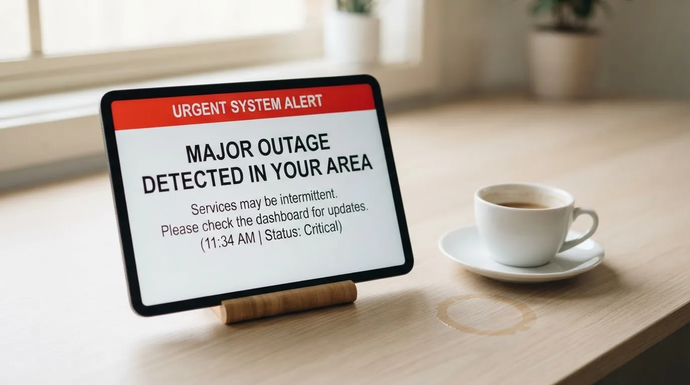 A tablet screen displaying an official regulator warning notice on a desk beside a coffee cup.