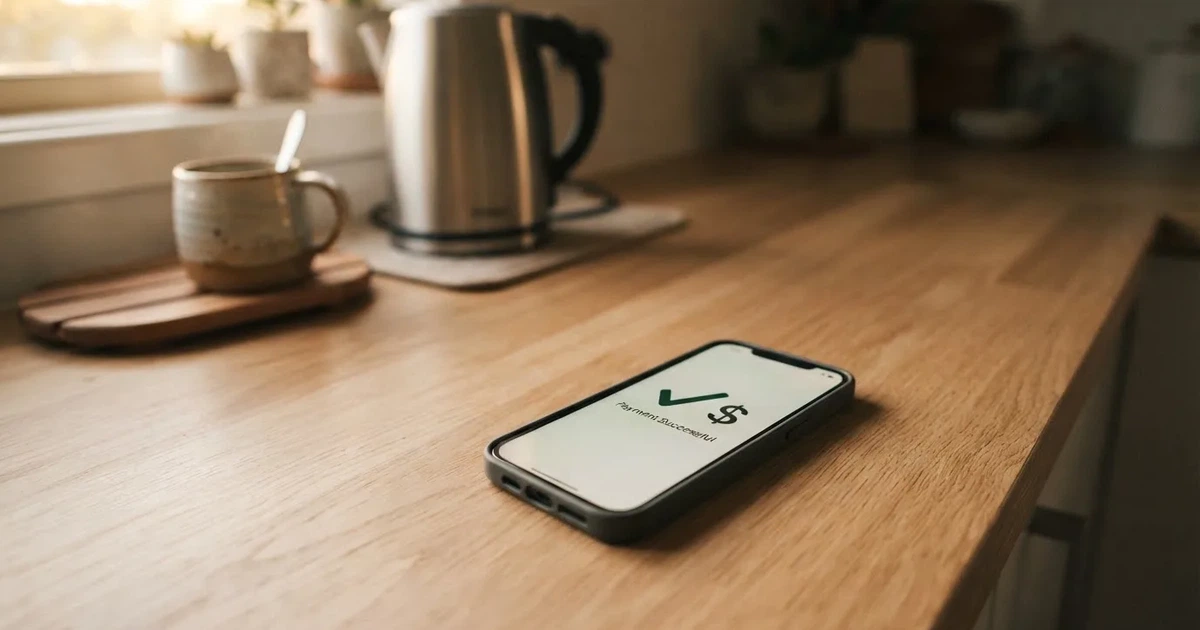 A close-up of a banking app on a smartphone showing a same-day transfer confirmation on a kitchen table.