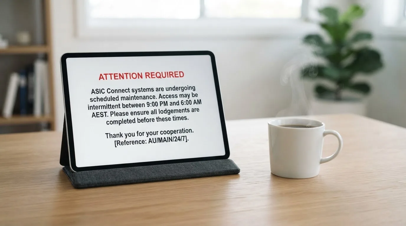 A tablet screen displaying an official regulator warning notice on a desk beside a coffee cup.