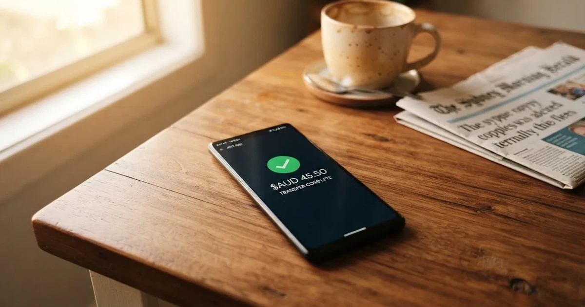 A close-up of a banking app on a smartphone showing a same-day transfer confirmation on a kitchen table.