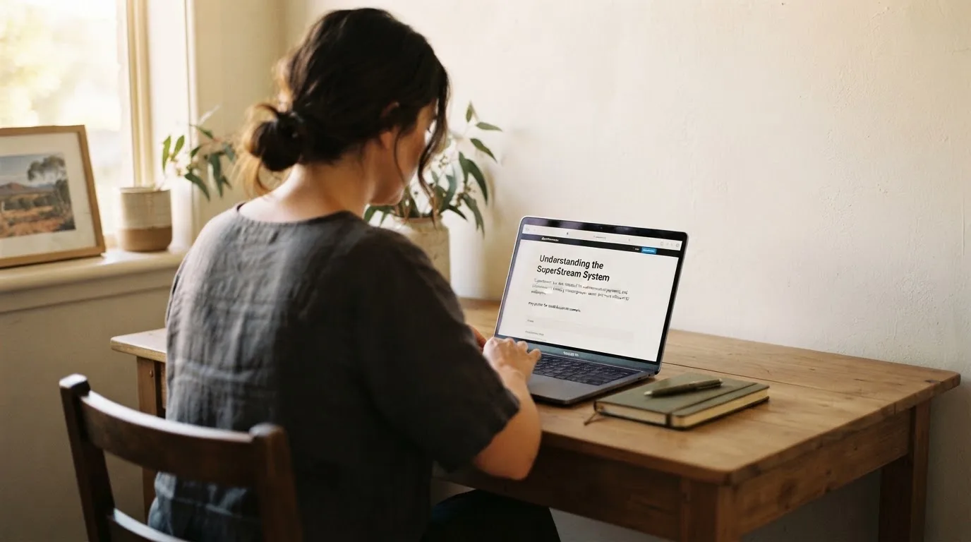 A person at a laptop reading a plain-language explainer article at a home desk.