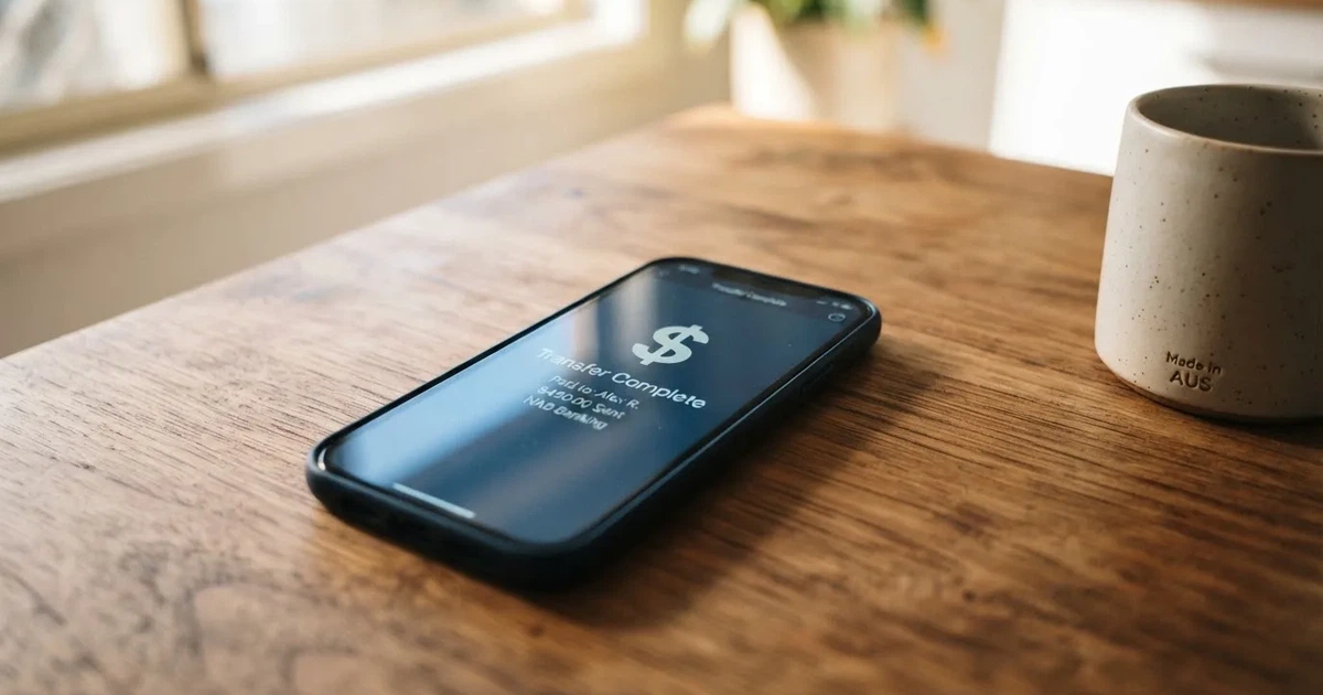 A close-up of a banking app on a smartphone showing a same-day transfer confirmation on a kitchen table.
