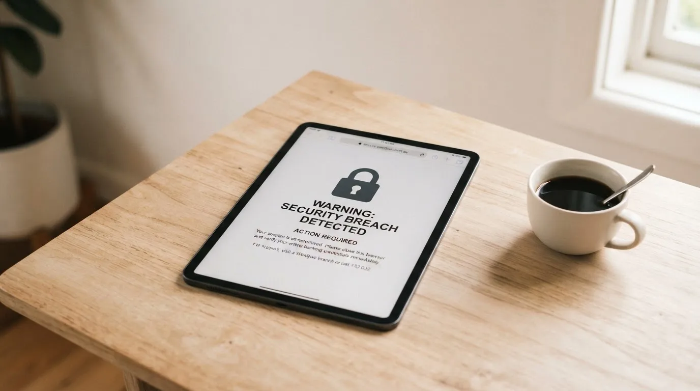 A tablet screen displaying an official regulator warning notice on a desk beside a coffee cup.