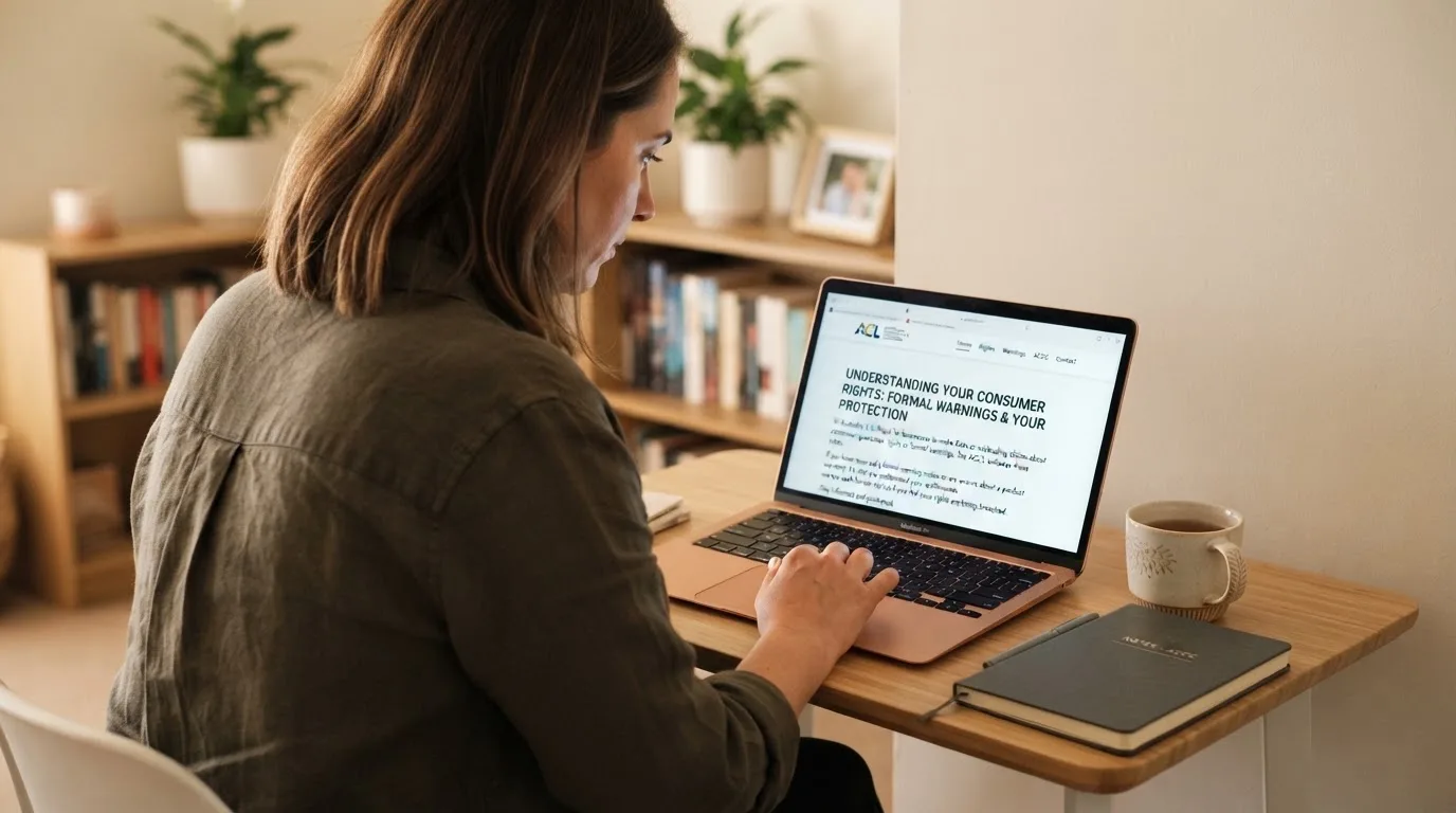 A person at a laptop reading a plain-language explainer article at a home desk.