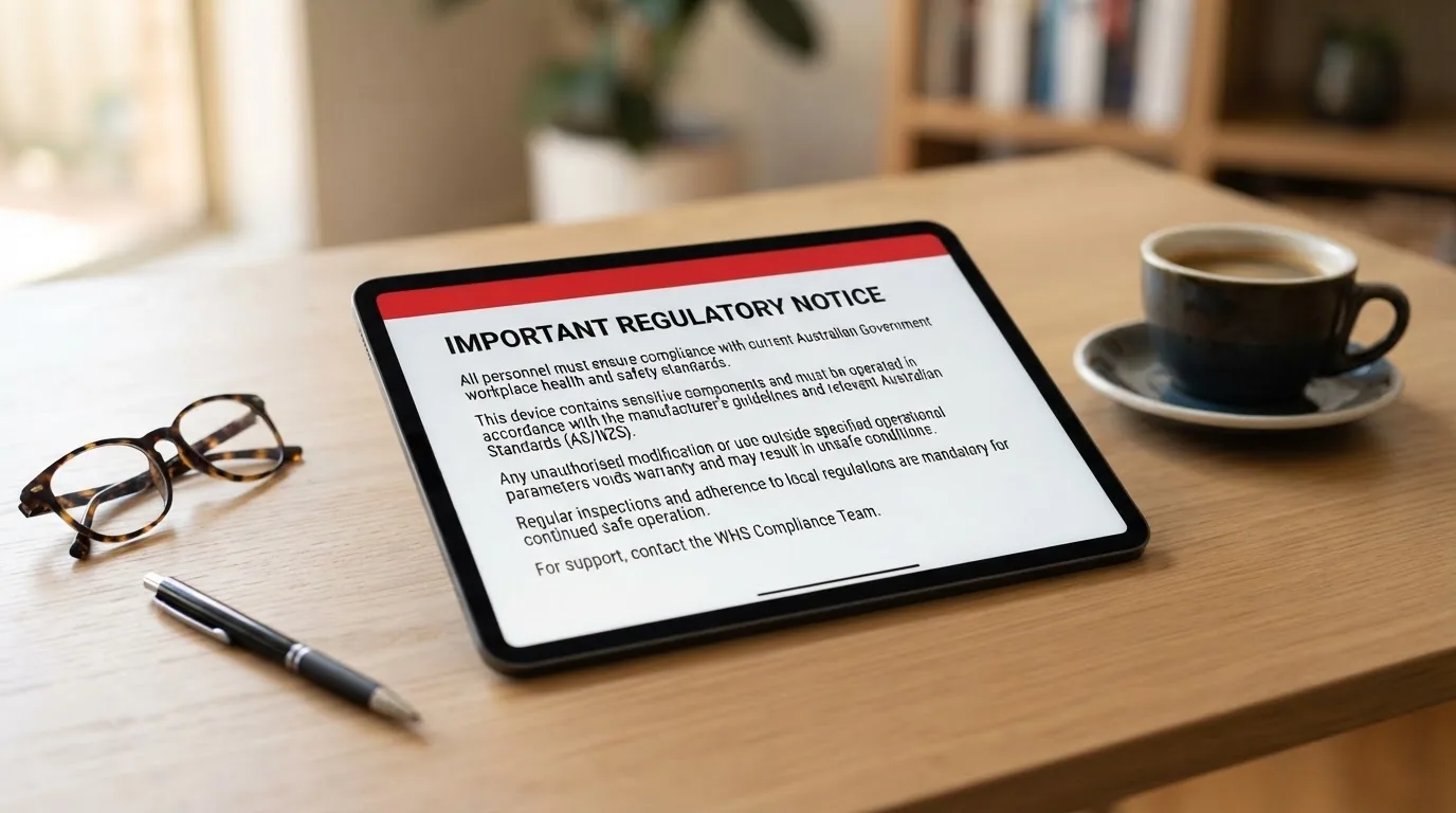 A tablet screen displaying an official regulator warning notice on a desk beside a coffee cup.