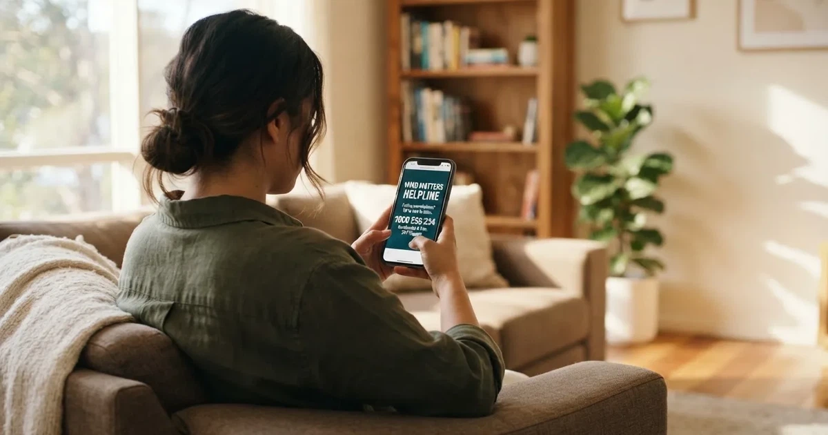 A person looking at a support helpline page on a phone while sitting on a couch.