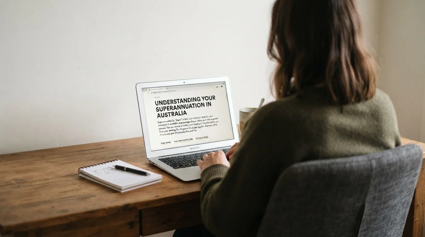 A person at a laptop reading a plain-language explainer article at a home desk.
