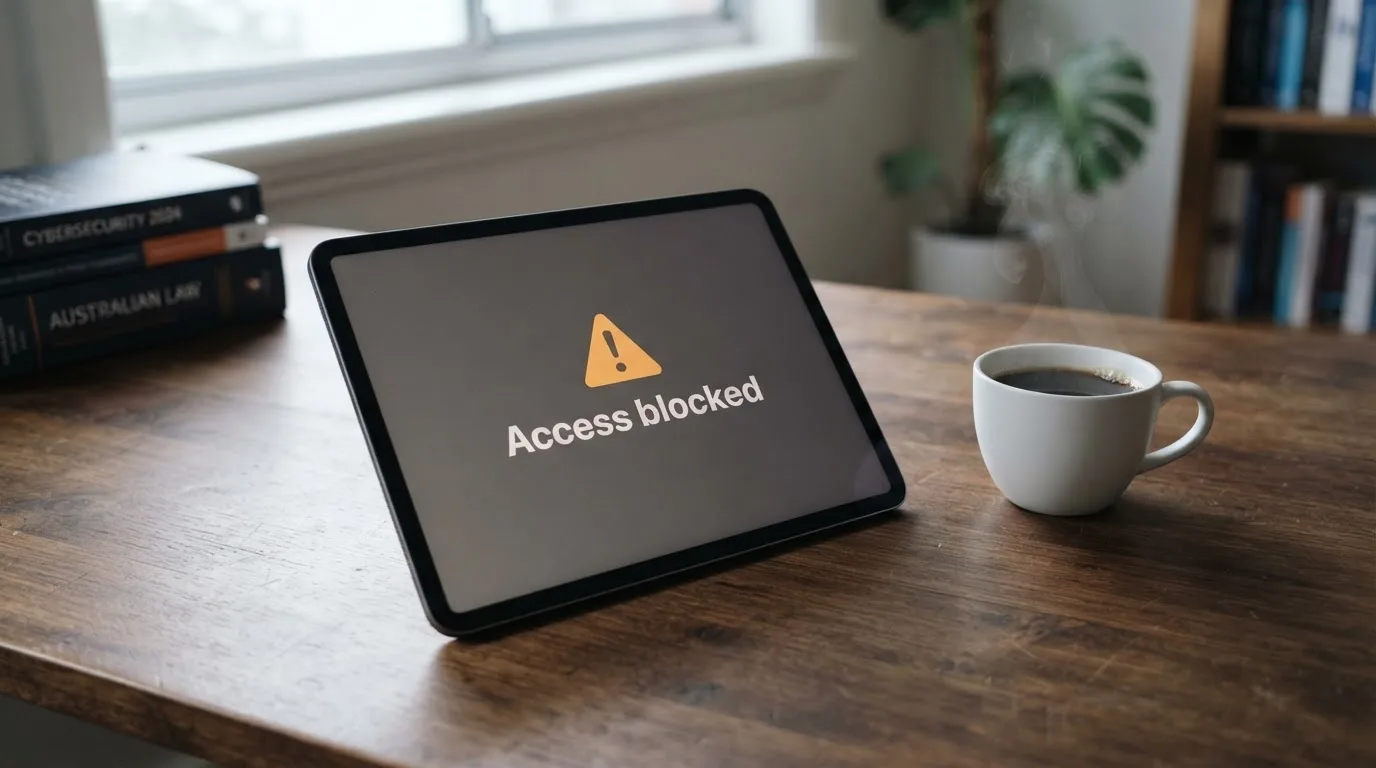 A tablet screen displaying an official regulator warning notice on a desk beside a coffee cup.