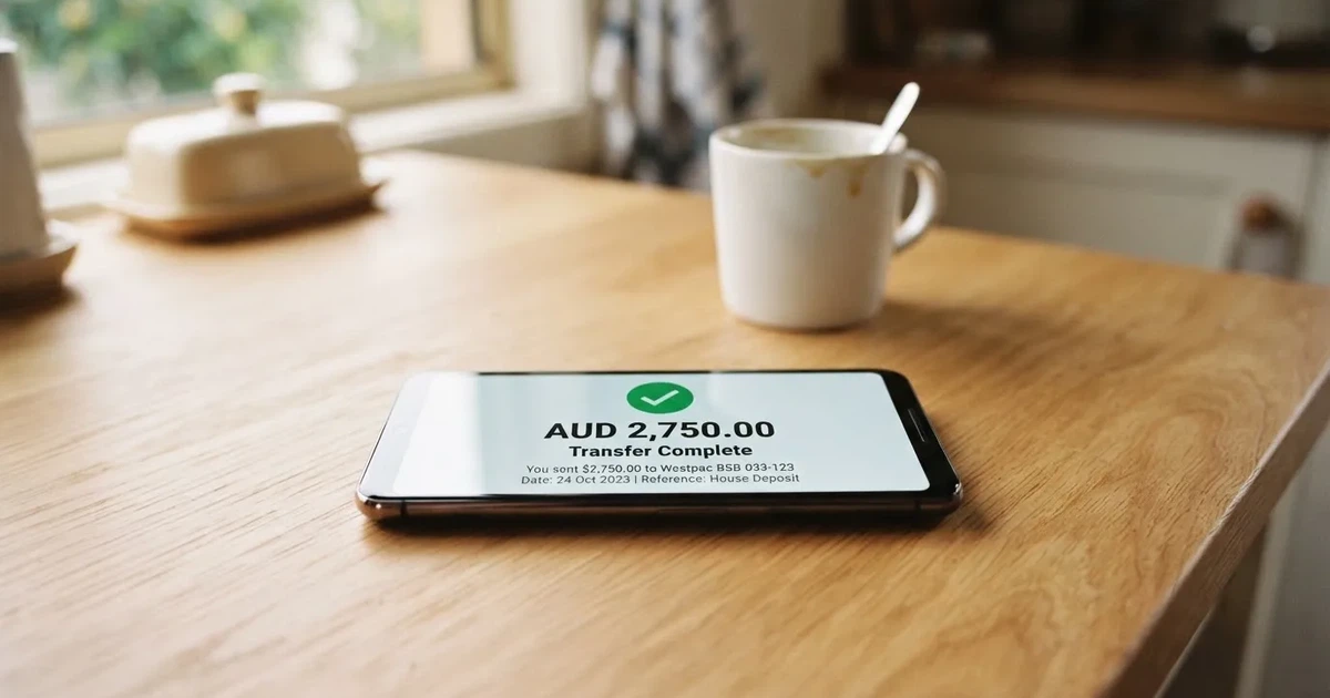 A close-up of a banking app on a smartphone showing a same-day transfer confirmation on a kitchen table.